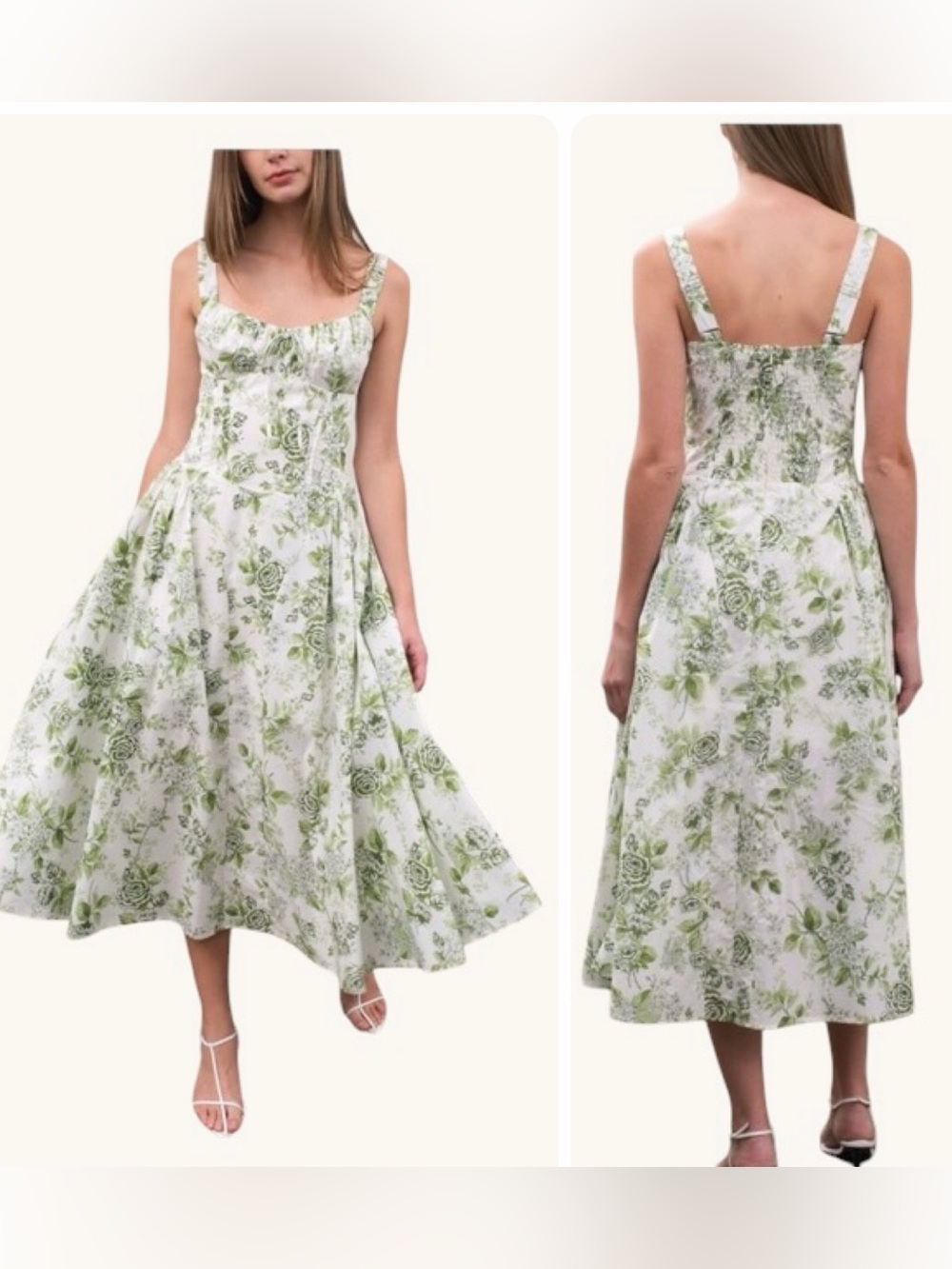 NEW Moon River 100% Cotton Corset Floral Green White Midi Dress Cottagecore M